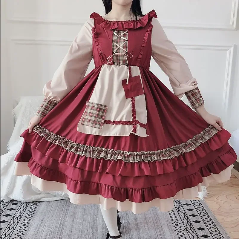 Japanese Lolita Two Pieces Set Women Plaid Patchwork Y2k Aesthetic Sweet Dress + Crop Hooded Bandage Cloak Jacket Outfits Suit