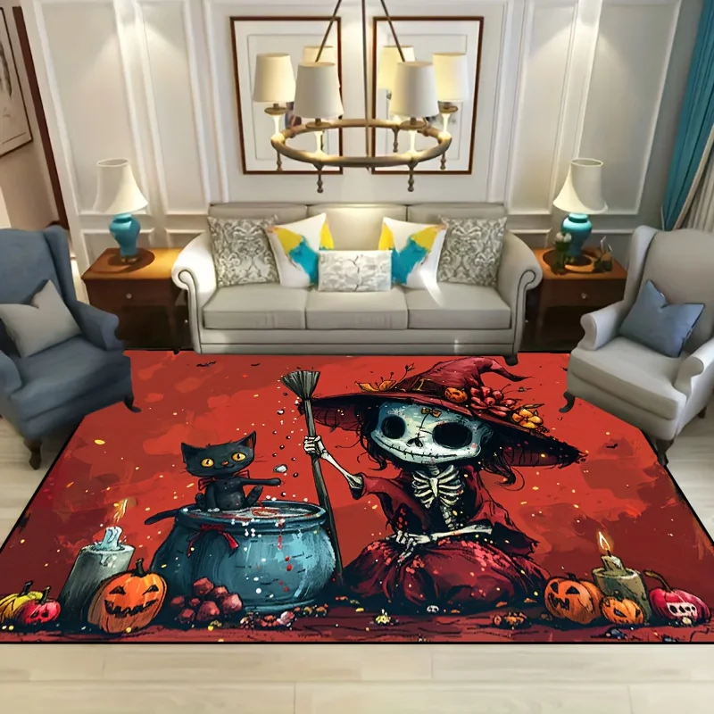 Skull Witch & Black Cat Halloween Rug - Non-Slip Polyester Carpet For Living Room Bedroom Nursery Outdoor Patio & Garden Decor