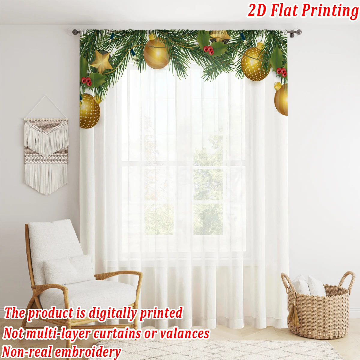 Cortina transparente con estampado plano de Navidad con bola navideña, ramas de pino de visco para decoración de sala de estar y dormitorio, fiesta navideña