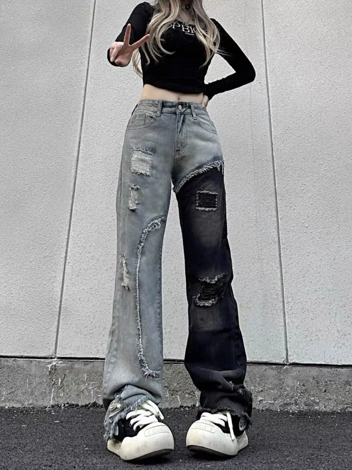 Womens Bell Bottom Jeans Contrasting Colors Splicing Denim Pants for Women High Waist Shot Ripped Trousers Retro Gyaru Aesthetic