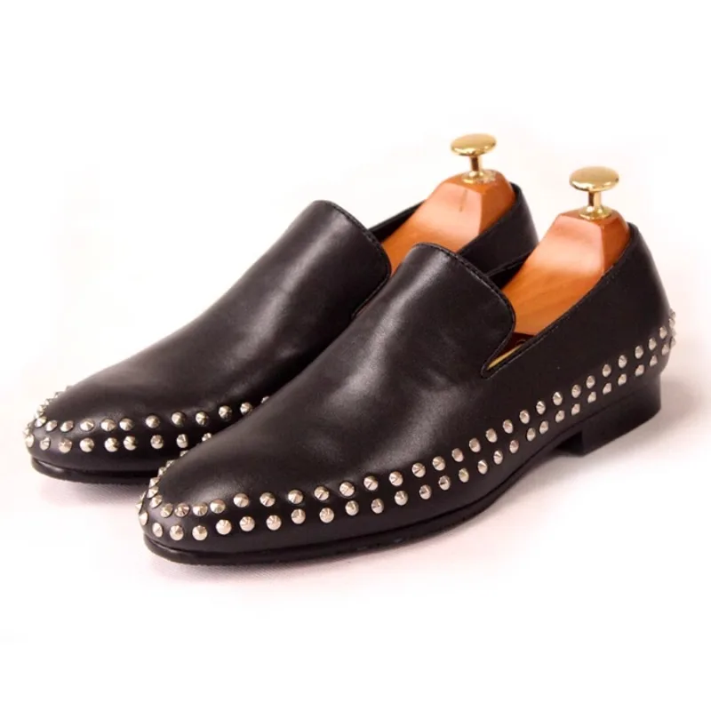 

New Classic Loafers Work Fashion Rivet Shallow Mouth Slip on Genuine Leather Casual Business Youth Male Dress Leather Shoes