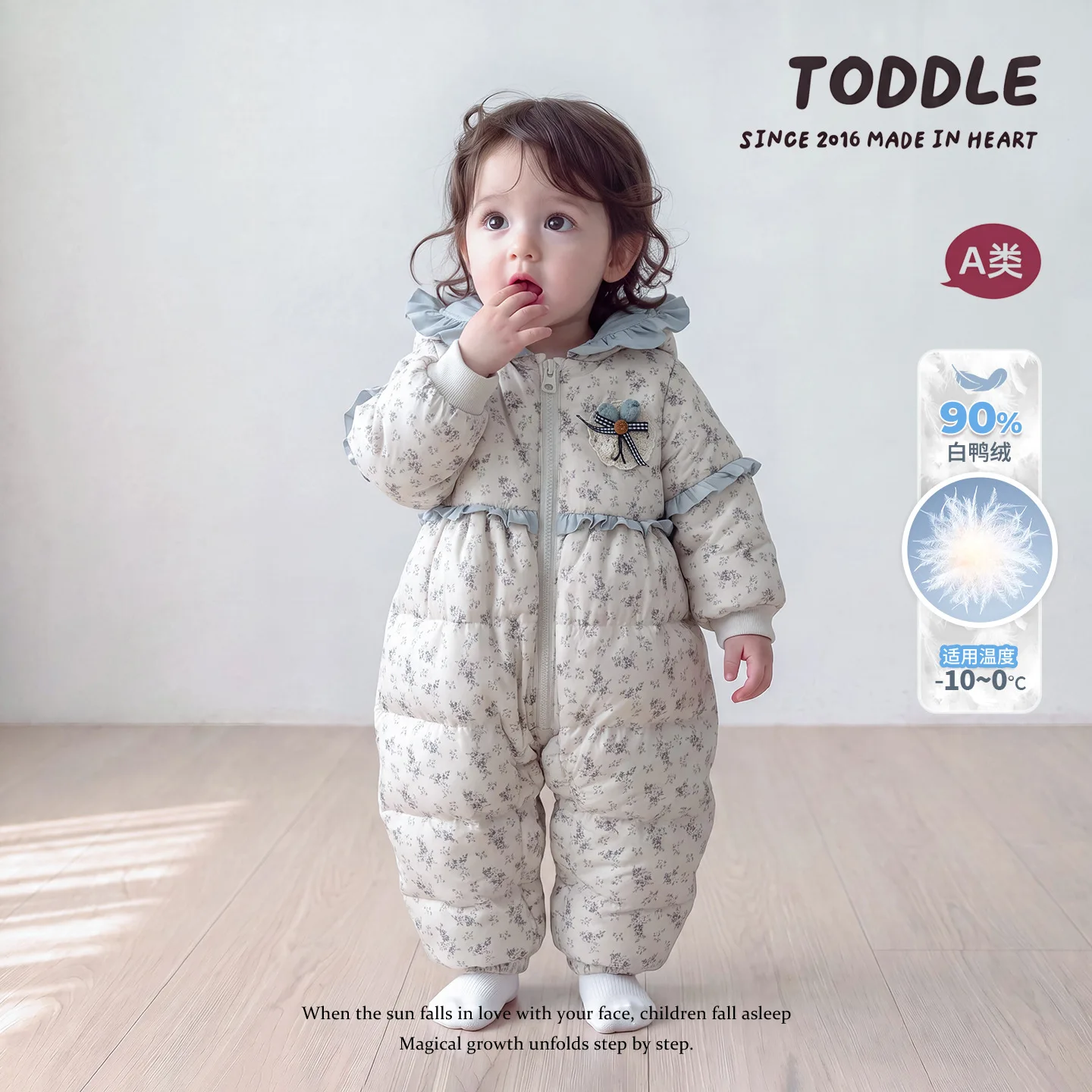 2026 New Winter Baby Girls Floral Hooded 90% Down Romper | Sweet Warm Crawler Jumpsuit | 1 Year Old Outfit