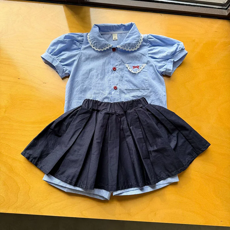2026 New Summer Girls Clothes Set 1-9T Thin Cute Children Lace Outfit Preppy Style Kids Boys Shirts +Shorts 2PCS