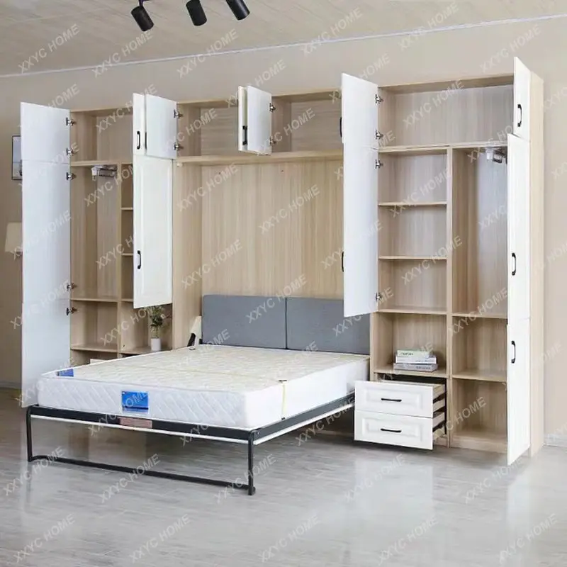 Modern simple invisible bed wardrobe bookcase integrated small apartment wall bed bottom folding bed