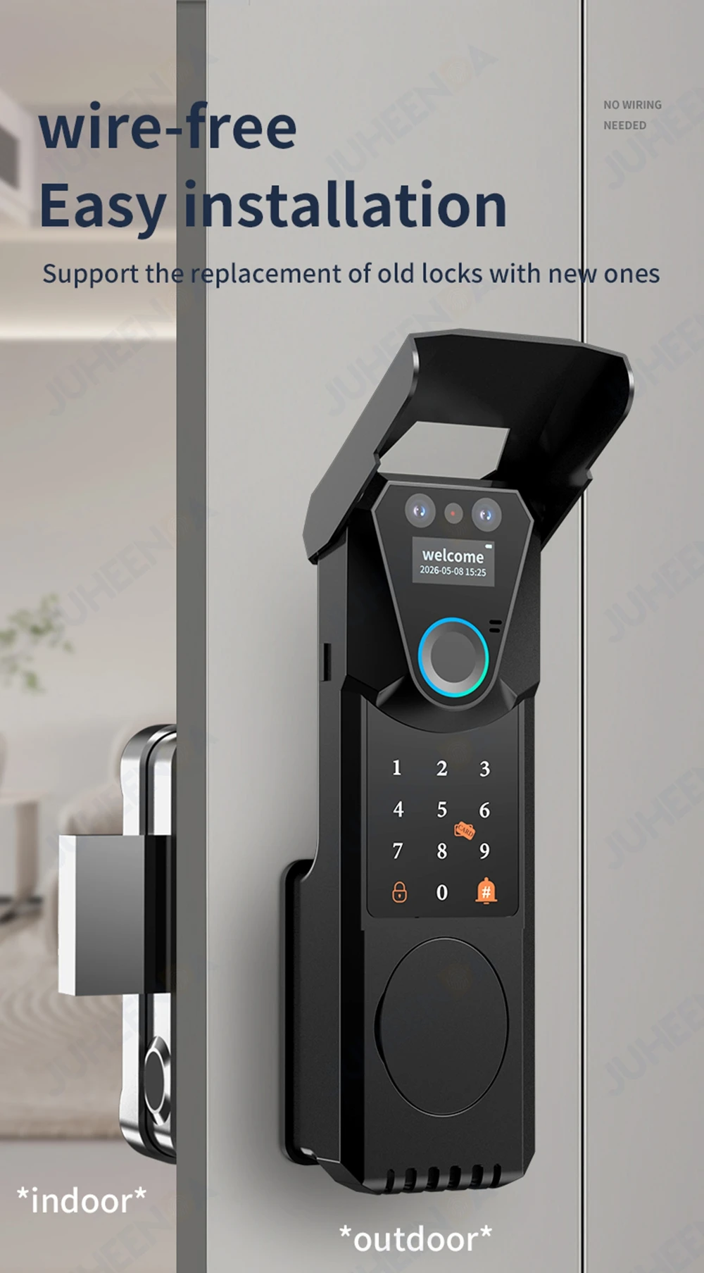 Wasserdichtes Tuya Smart Fingerabdruck-Torschloss für den Außenbereich mit Gesichtserkennung, Türklingel, Video-Gegensprechanlage, RFID-Karte und digitalem Codezugang – Detail 4