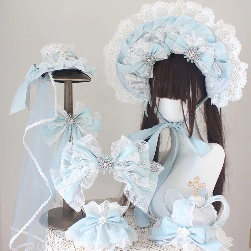 Natal g luz azul gorro chapéu superior bandana bnt laço arco kc mangas de mão lolita borda clipe bandana