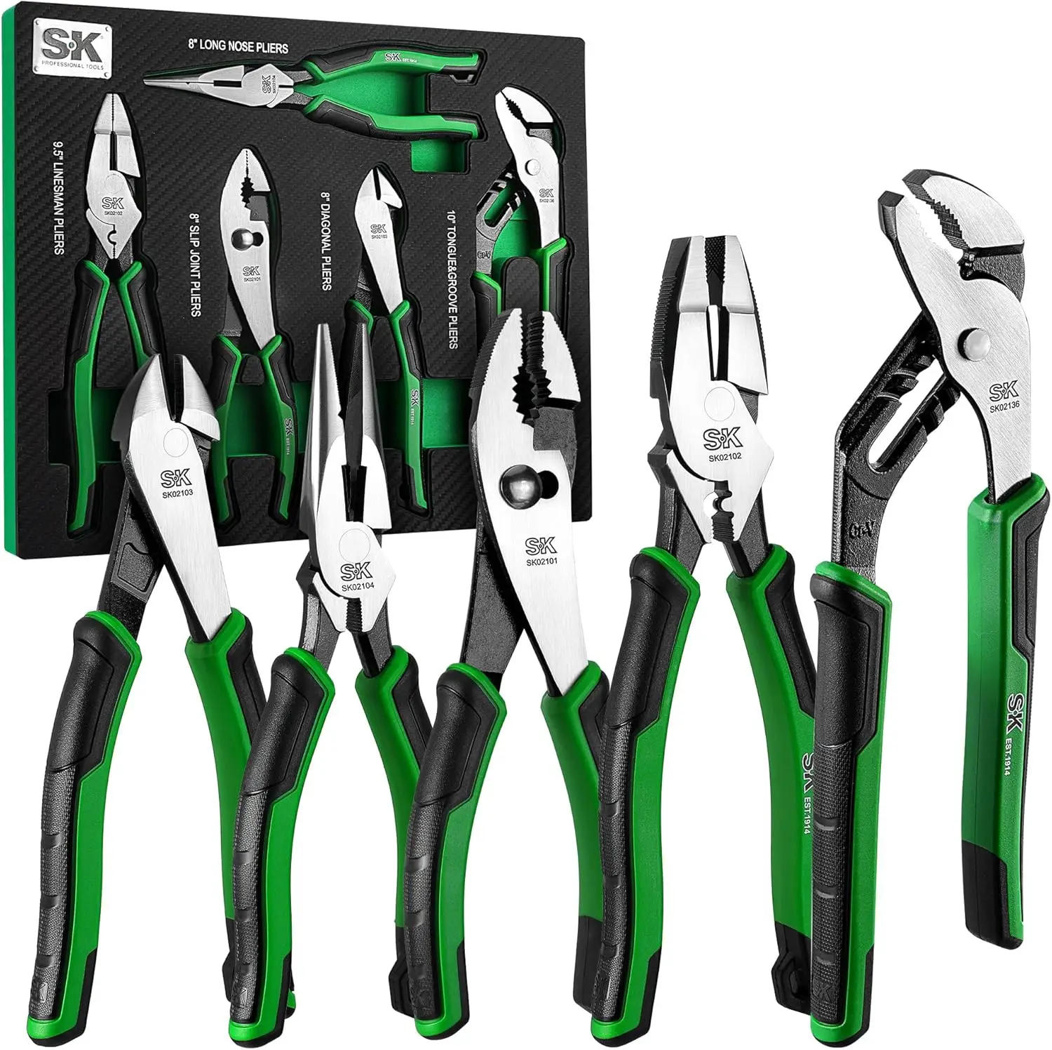 

5-Piece Pliers Set with EVA Foam Organizer, Includes Long Nose, Linesman, Slip Joint, Diagonal, and Groove Joint