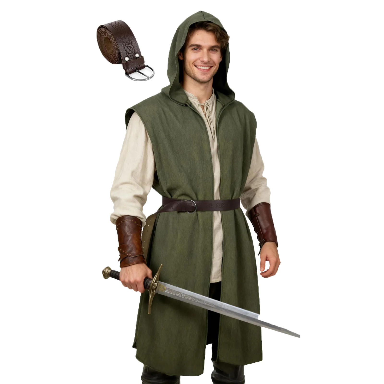 

Men's Medieval Renaissance Hooded Coat Sleeveless Tunic Viking Assassin Halloween Cosplay Costume