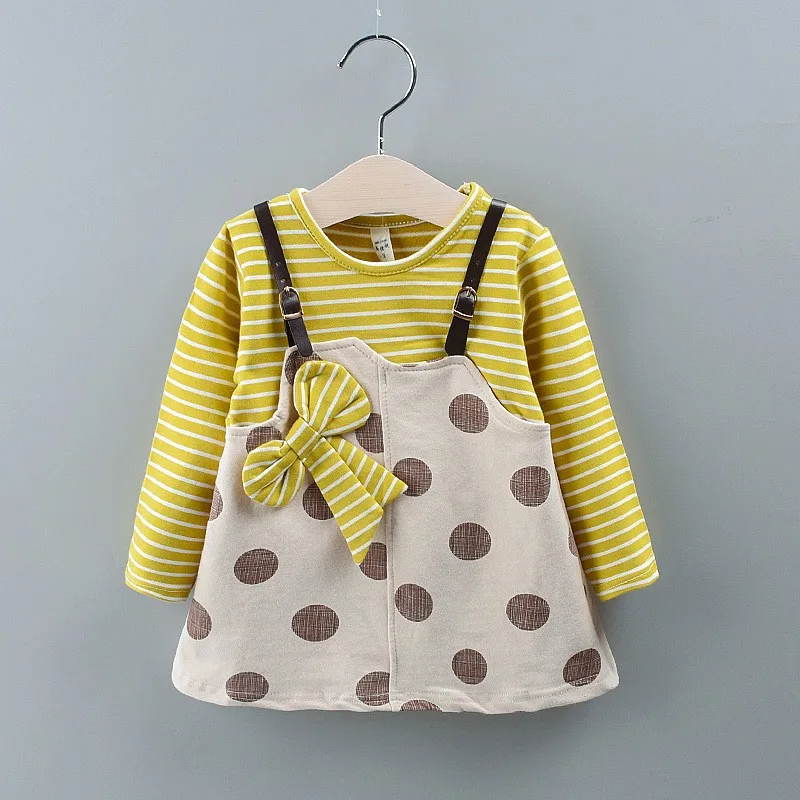 Spring and Autumn Girls\' Dress Baby Stripe Spliced Big Round Dot Fake Two Piece Set Children\'s Bow Long sleeved Dress