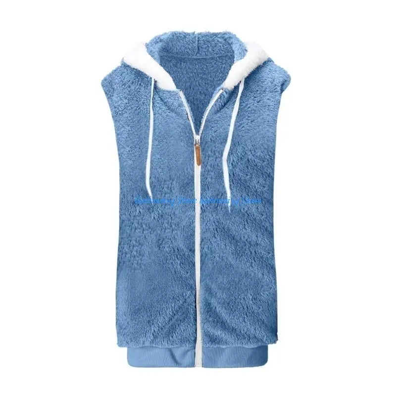 573B Women's Plush Vest Casual Oversized Zipper Sherpa Hooded Sleeveless Winter Warm Coat
