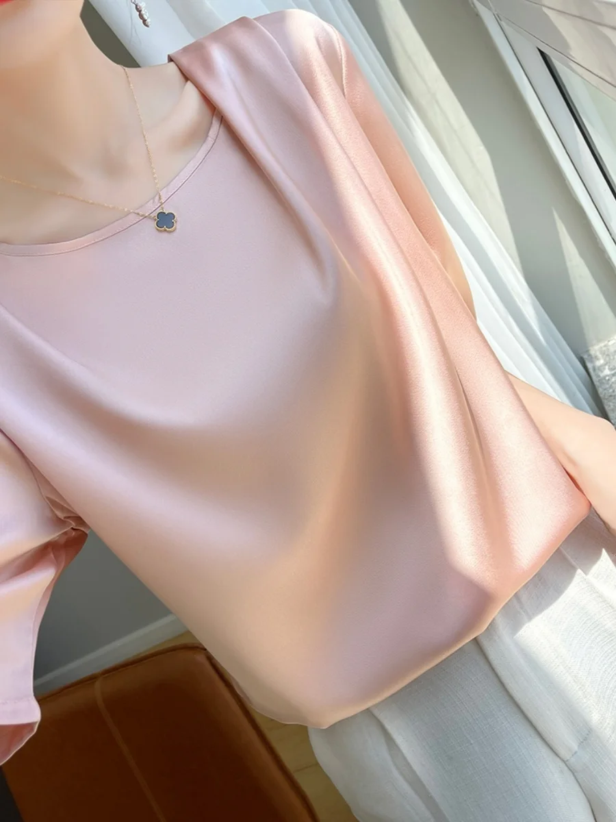 Seidensatin rund Ne f Sve Damen T-Shirt glatt plissiert Sommer New Faion dünne Oberbekleidung lässig Pendeln Sle