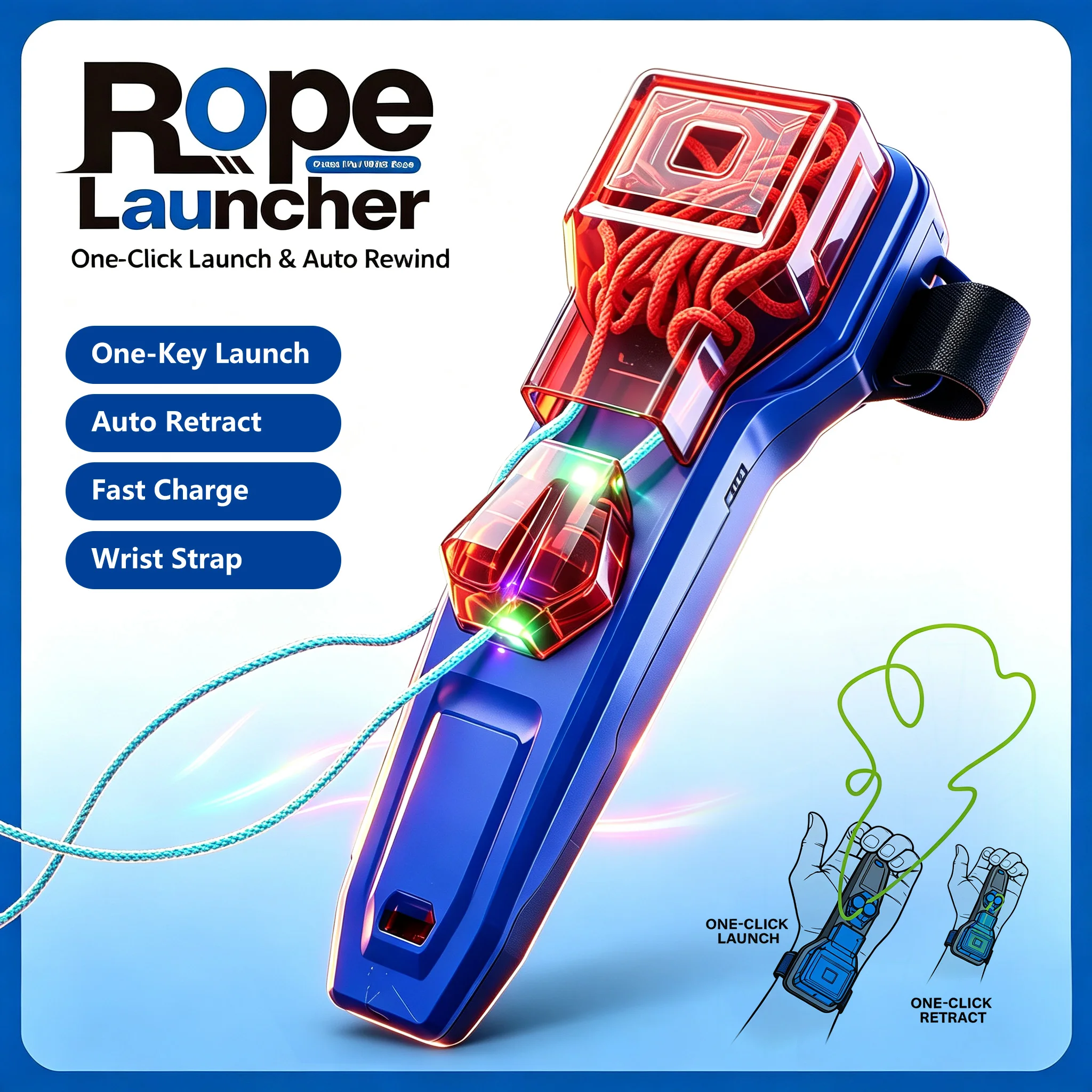 Auto Retract Rope Launcher Wrist Shooter Glow Luminous USB-C Toy for Teens Cosplay Superhero Battle Gift