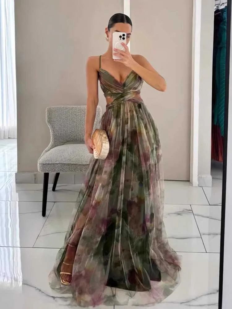 Boho Chic Jurken voor Feestjes Hoge Taille Dames Zomerjurken Verjaardag Sexy Mesh Rugloze Spaghettiband Maxi Jurk Slankmakend
