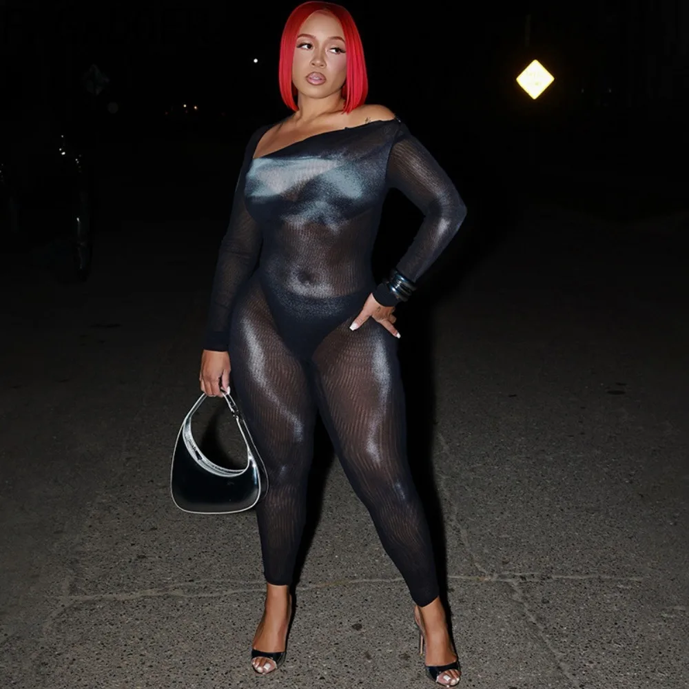 بدلة قفز مثيرة شبكية شفافة من FAGADOER بدلة قفز نسائية مكشوفة الأكتاف وأكمام طويلة ملابس نوادي نسائية جديدة 2025 #2