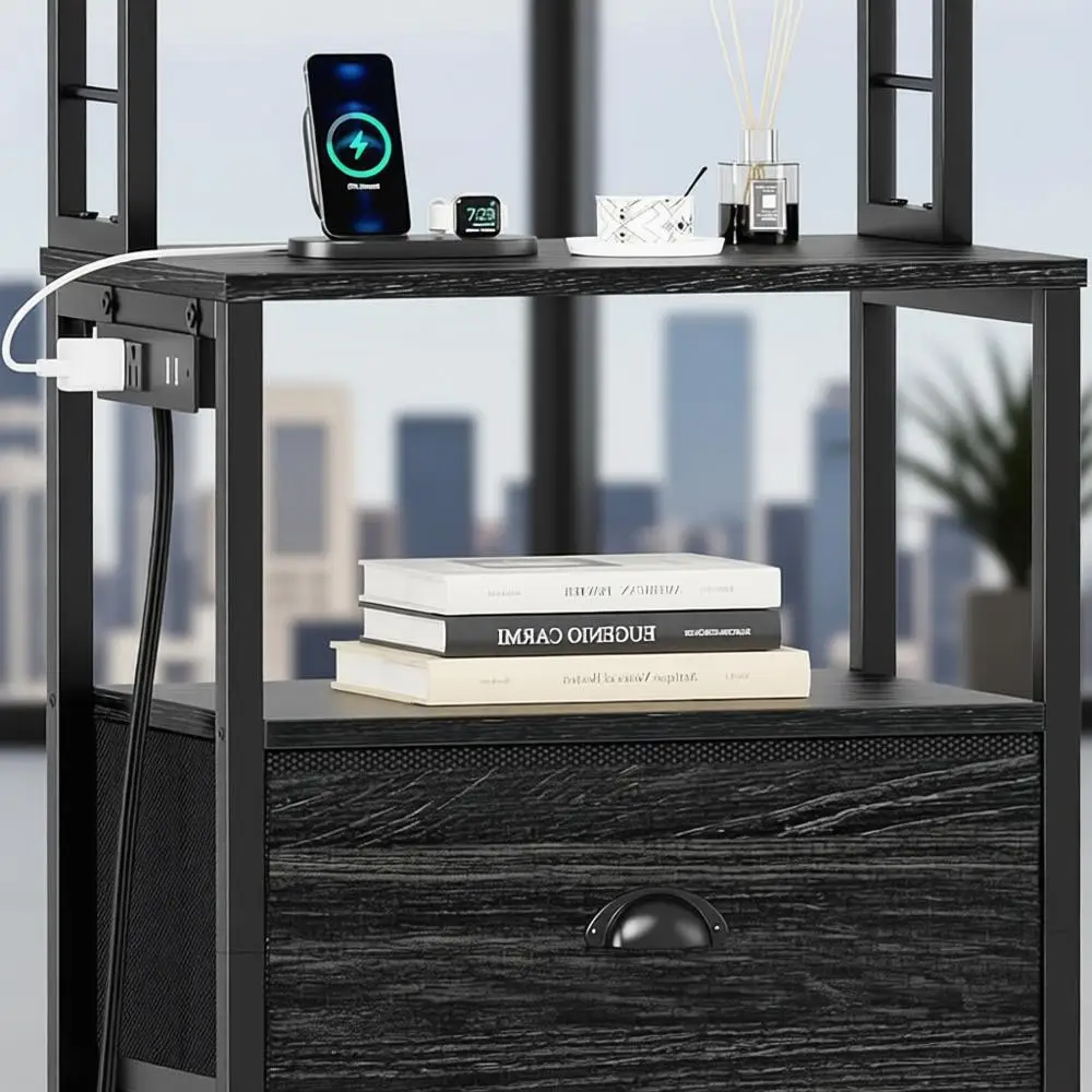 

40'' Tall Nightstand with Charging Station, Bedside Table with LED Lights, End Table with 2 Drawers and Storage Shelves, Night S