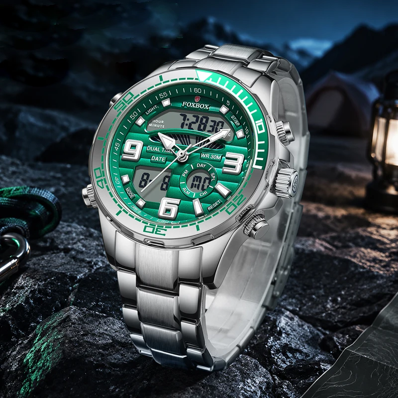 LIGE FOXBOX Electronic Man Watch Dual Time Stainless Band Casual Sports Alarm Waterproof Luminous Digital Quartz Watches for Men