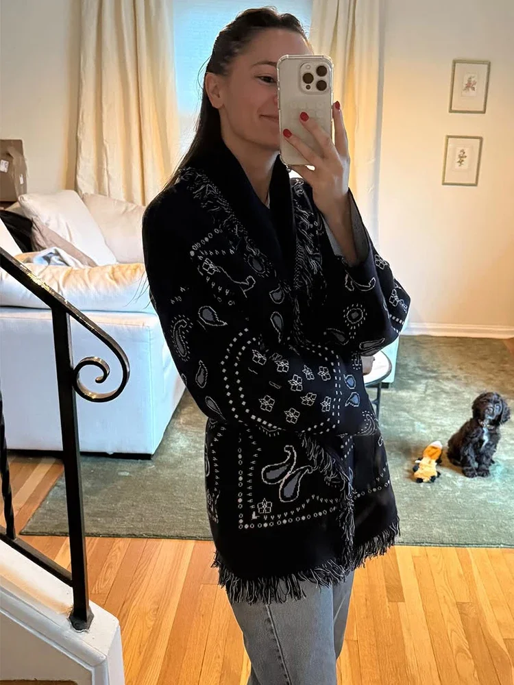 شرابة المرقعة المطبوعة سترة المرأة موضة الخامس الرقبة طويلة الأكمام ملابس خارجية فضفاضة سيدة الخريف اليومية تخفيف الشارع بالأزرار