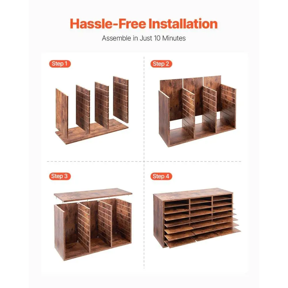 24 Compartment Wooden Mailbox Organizer Particle Board Storage Office Classroom File Sorter Dark Brown Document Holder