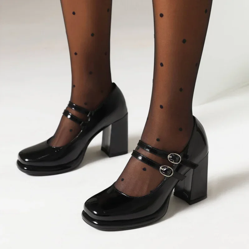 2026 New Patent Leather Double Buckle Round Head 8cm Thick Heel Leather Shoes Salesman Black Shoes Big Size 34-48 Women's Pumps
