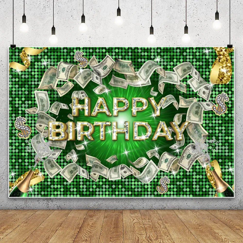 Fond de photographie de décoration de thème de dollar d'argent de fête d'anniversaire d'adulte, champagne, diamant, paillettes, toile de fond de néon vert de luxe