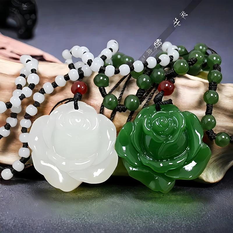 Real Jade Rose Pendant Necklace Fashion Talismans Designer Carved Jewelry Amulet Men Stone Luxury Gemstone Natural Gift Charm