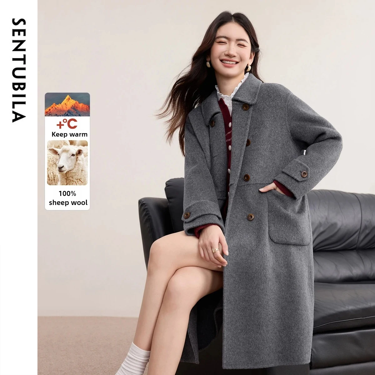 

SENTUBILA Long Wool Jackets for Woman 2025 Winter Turn-down Collar Loose Fit Coats Solid Elegant Double Breasted Coats W54OA2435