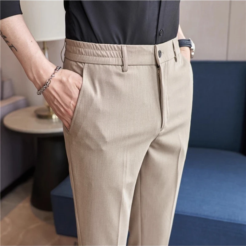 2025 Ice Silk Thin Elastic Waist Ankle-Length Pants for Men, Khaki Comfortable High-end Small Foot Men's Casual Cropped Trousers