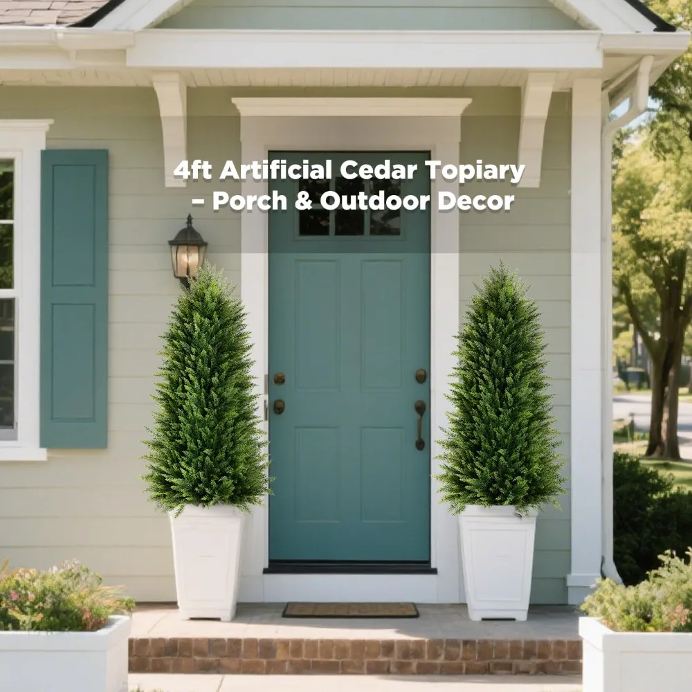 4FT Artificial Cedar Topiary Trees (2 Pack) - UV Resistant Fake Evergreen Shrubs with Extra Dense Foliage,