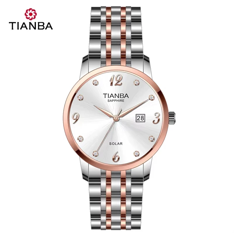 TIANBA Quartz women's watch Eco-Drive fashion steel band watch Calendar casual watchTL9019.02SI