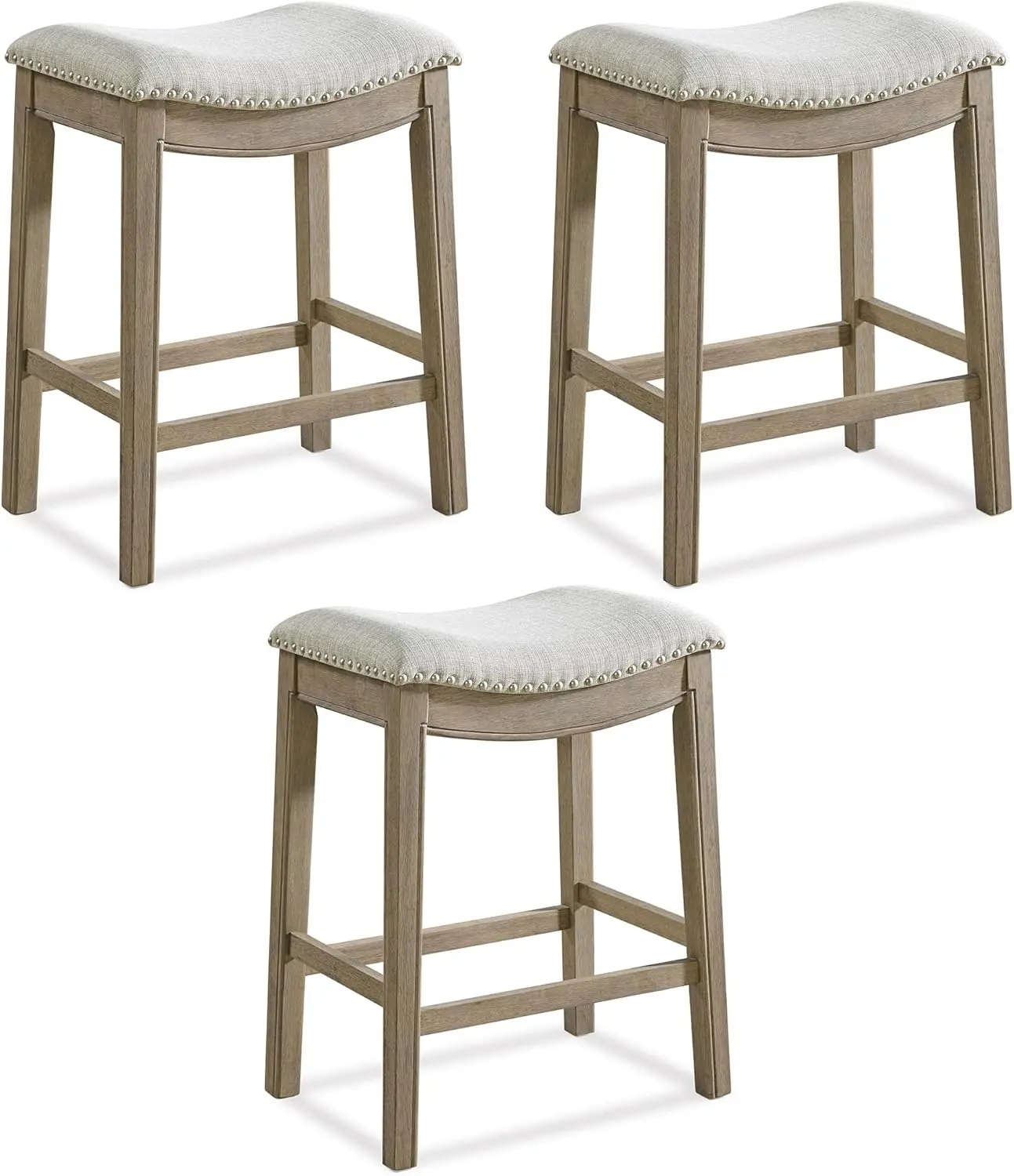

3-Piece Reclaimed Oak Counter Stool, Backless Saddle with Ash Grey Fabric Seat