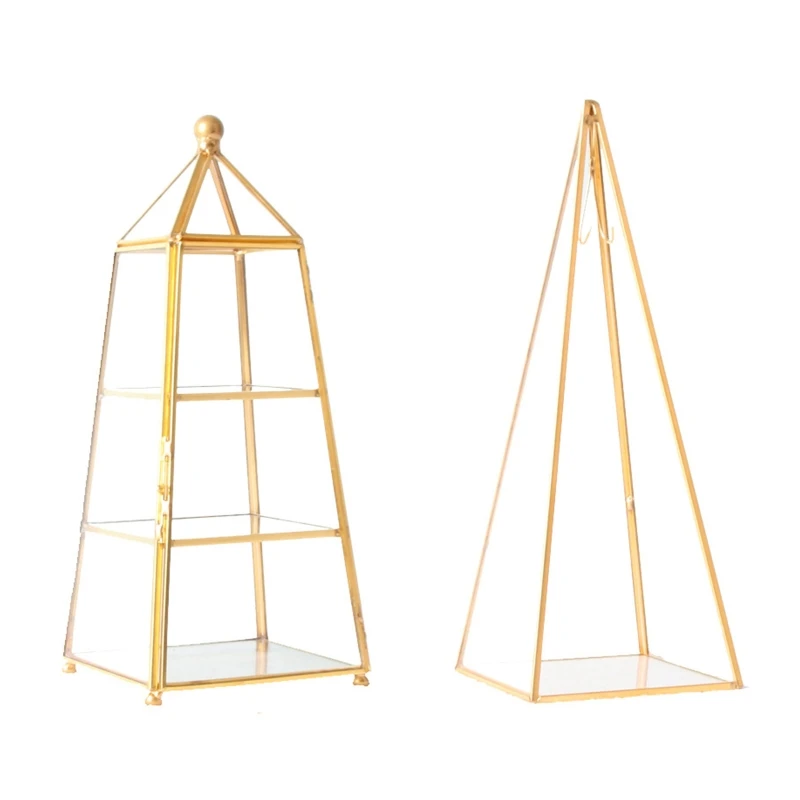 Q0KE Gold Plated Pyramid A-Line Jewelry Rack Stand Holder with Tray for Earrings Necklace Jewelry Hanging Supplies