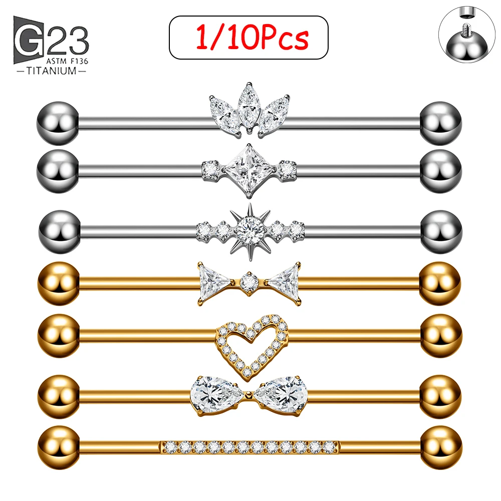 1/10Pcs G23 Titanium Industrial Barbell Ear Bridge Piercing Jewelry CZ Heart Star Bow Lotus Shape External Thread Industrial Bar