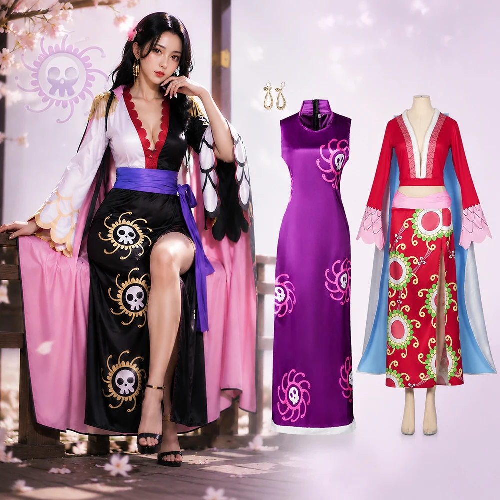 Disfraz de Cosplay de Anime Boa Hancock, Vestido Cheongsam Estilo Princesa Serpiente, Conjunto de Top, Falda y Capa para Mujer, Disfraz para Fiesta de Halloween