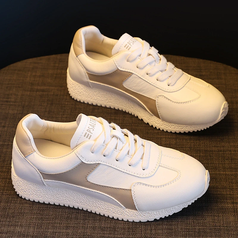 

Genuine Leather Retro Runner Sneakers For Women 2026 New Solid White Lace Up Round Toe Grain Rubber Serrated Edge Platform Non S