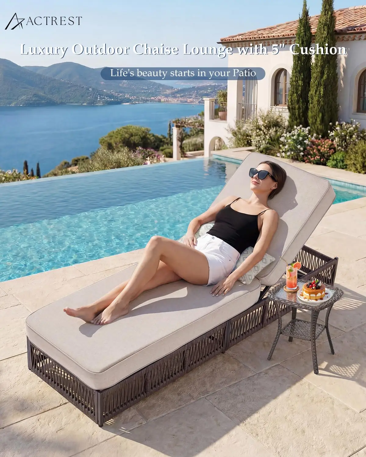 Luxury Outdoor Chaise Lounge with 5 Inch Thickened Cushion - 1 Set High Back Outside Brown Wicker Patio Recliners