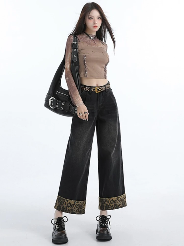 American style retro autumn and winter 2025 new flip leg straight leg pants leopard print design sense wide leg pants