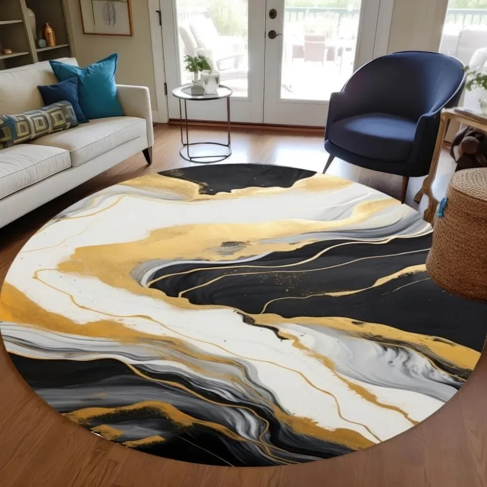 

Unique Aesthetic Modern Abstract Black Gray Gold Marble Round Area Rug for Living Room Bedroom Guestroom Art Deco Luxury