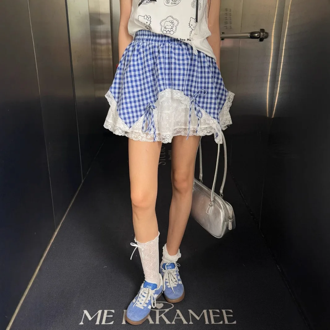 Summer Girl's Design Sense, geruite patchwork kanten onregelmatige rok, korte rok