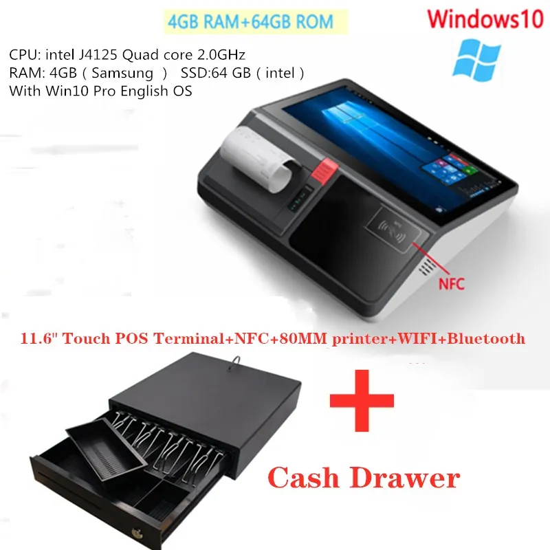 

Win10 Pro POS System Cash Register 11.6 Inch Touch Screen POS Cashier 80MM Receipt Printer NFC with Cash Drawer WIFI+Bluetooth