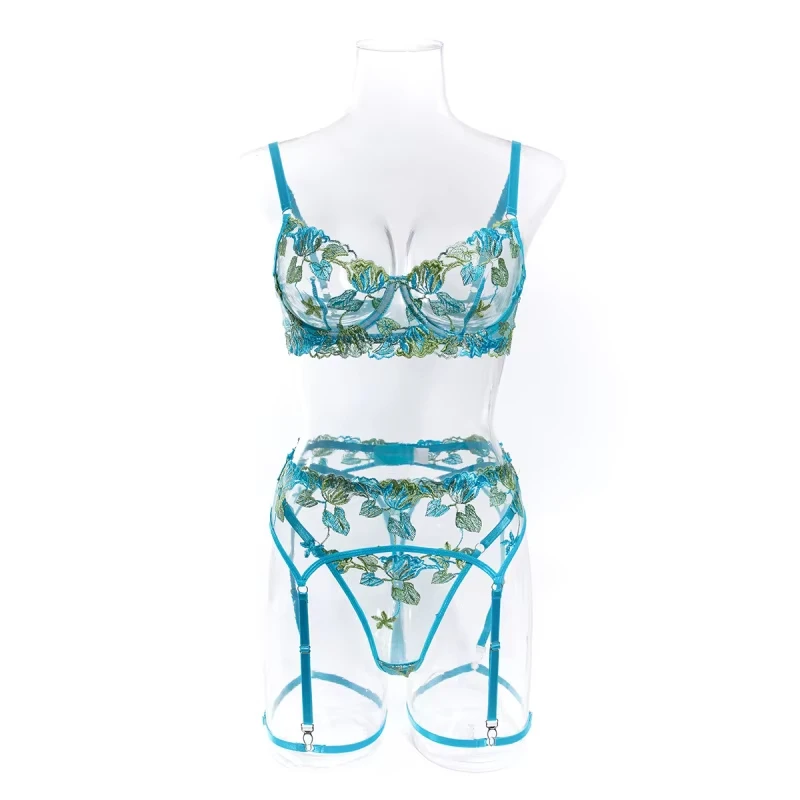 Bikini embroidered floral lingerie ultra-thin mesh see-through sexy body-shaping seductive four-piece set