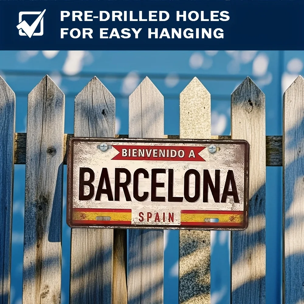 España Diseño de placa de matrícula Arte de pared - Placa de metal rústica con texto "BENVIDO A BARCELONA", letrero clásico de decoración del hogar para el hogar,