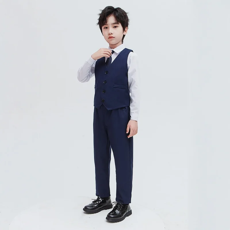 Boys' three-piece suit, a stylish British-inspired outfit for performances, a formal suit for hosts, a children's vest set for f