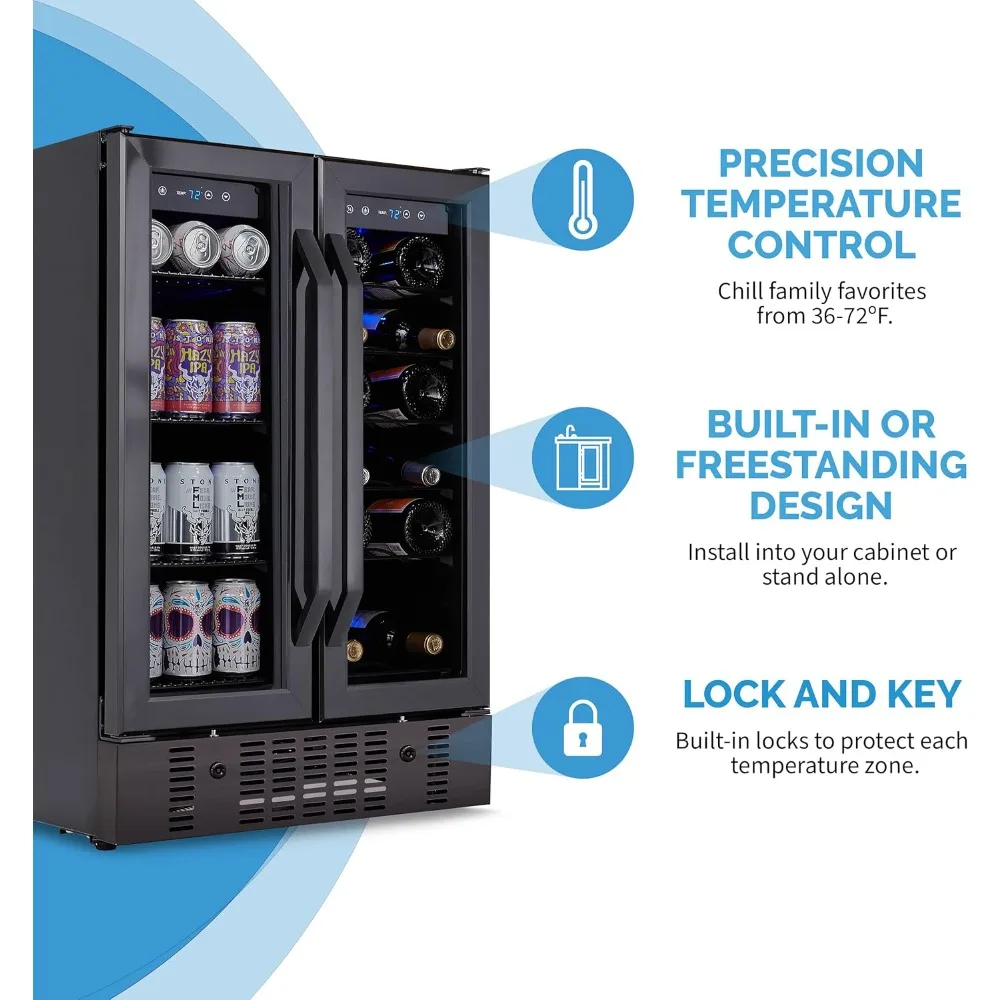 Refrigerator and Cooler, 18 Bottle and 60 Can Capacity, Built-in Dual Zone Fridge in Black Stainless Steel with French Doors