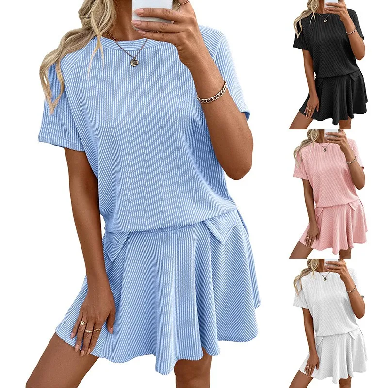 

Holiday Outfits Woman Dress Two Piece Set Knit Split Dresses Light Blue Mini Dress Round Neck A Line Short Dress