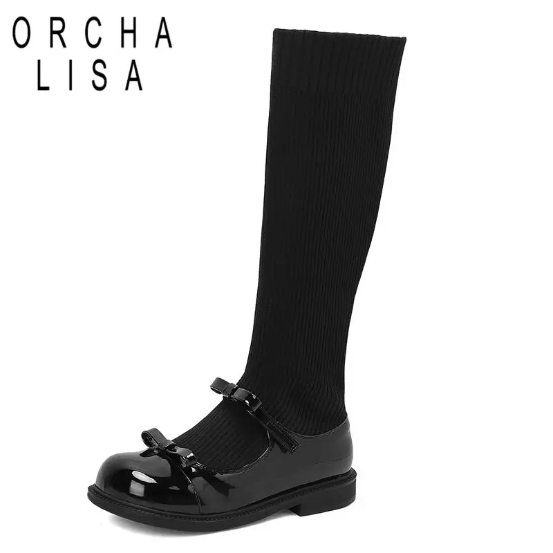 

ORCHA LISA 2025 Новый дизайн Сапоги до колена для девочек с круглым носком на плоской подошве без шнуровки с бантом Блестящие милые повседневные бота Маленький размер 31 32 33