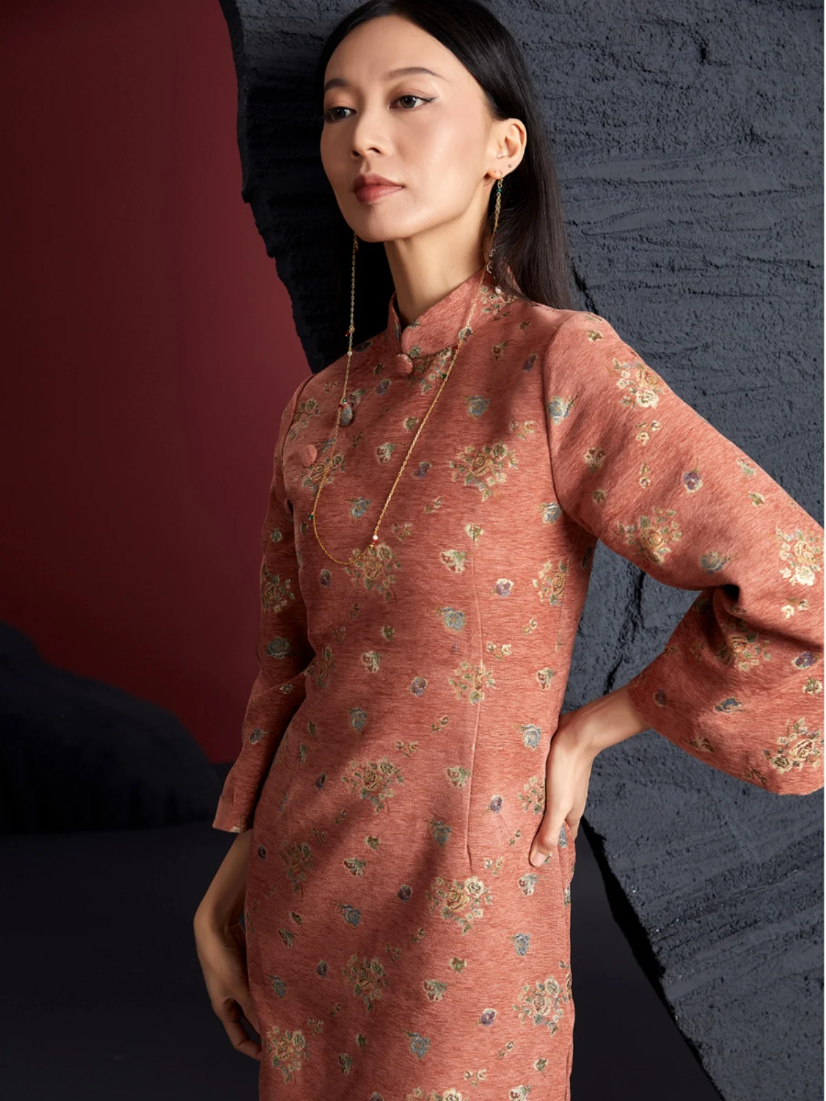 

Retro Sle Loose Dr with Slanted Collar And Large Sves Floral Pattern Cotton Blend Daily Wear Chinese Sle
