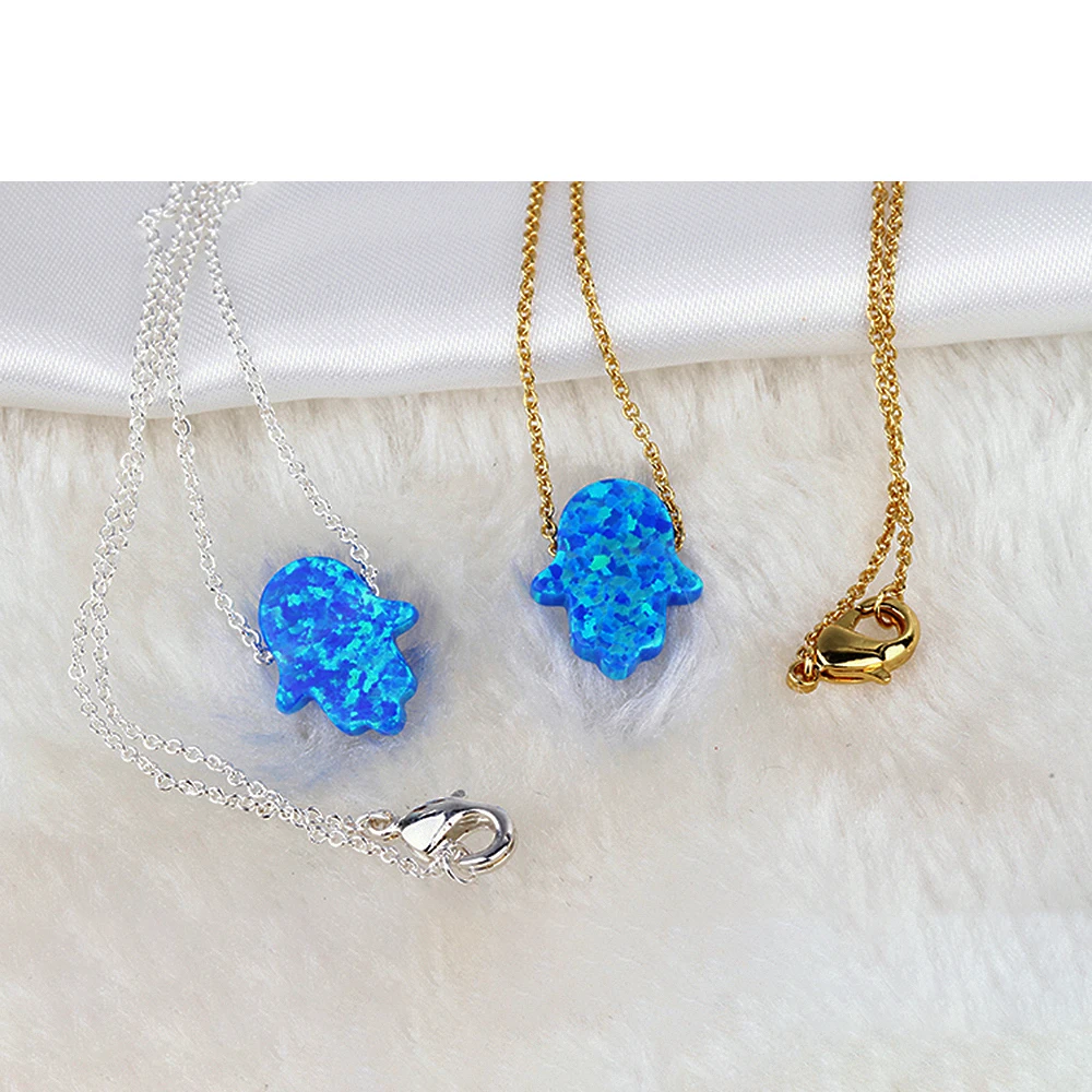 Gold Silver Plated Necklace 11x13mm Blue Hamsa Opal OP05