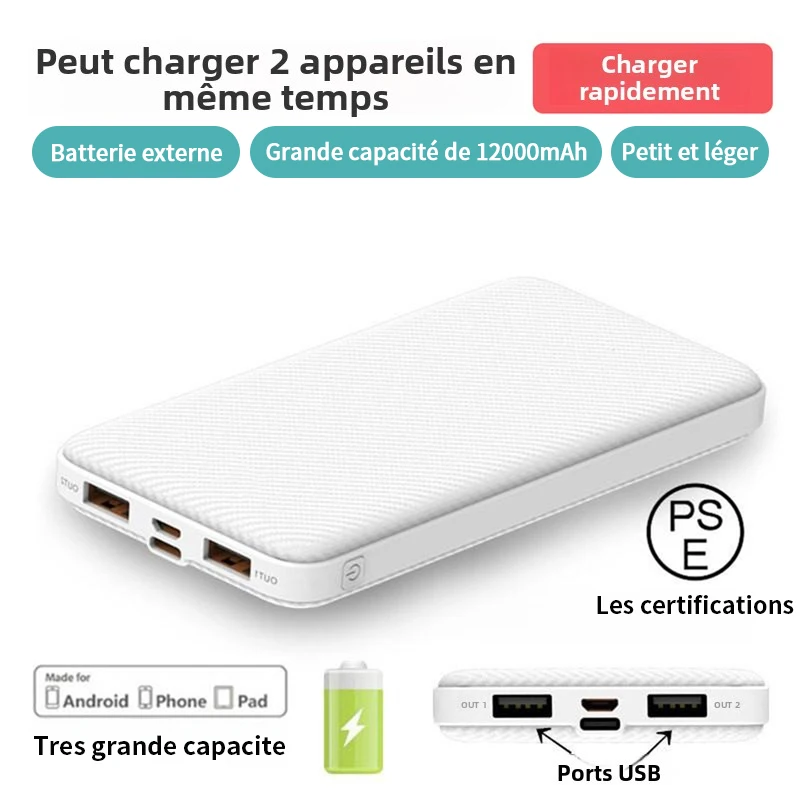 Batteria esterna 12000mAh a ricarica rapida compatta con ricarica PSE per 3 dispositivi iPhone Android iPad Viaggi Emergenze