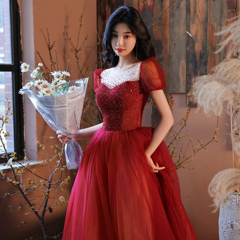 

Wine Red Sequin Prom Dress Sexy Mesh O-Neck Puff Sleeve Princess Dresses Temperament Tulle Long A-Line Engagement Vestido