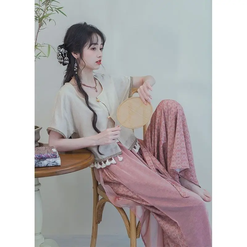 Summer improved Chinese style Hanfu set with daily Han elements, short sleeved full set of wide leg pants, women's thin and